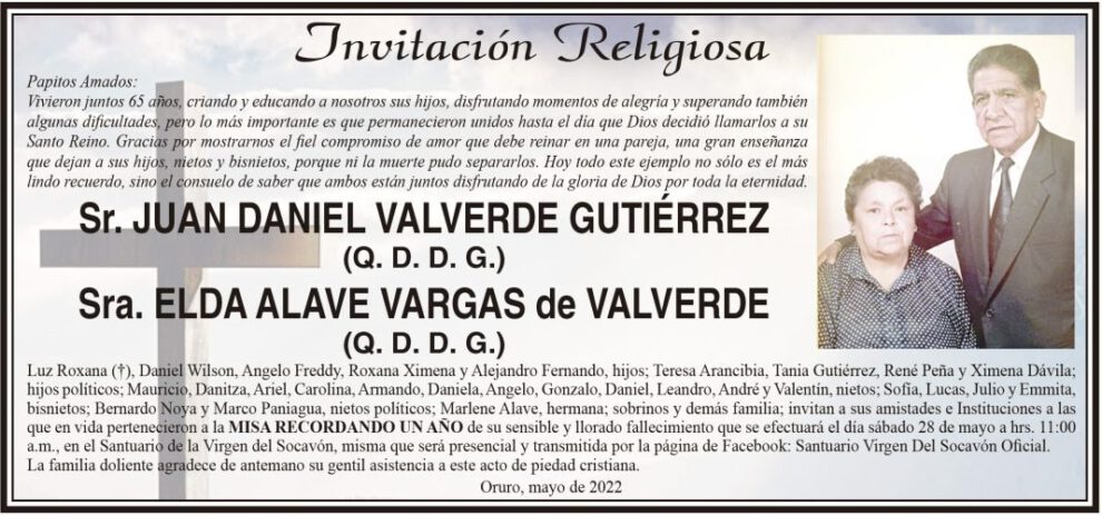 Invitación Religiosa para Juan Daniel Valverde Gutiérrez y Elda Alave Vargas