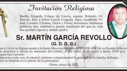 Invitación Religiosa en memoria de Martín García Revollo