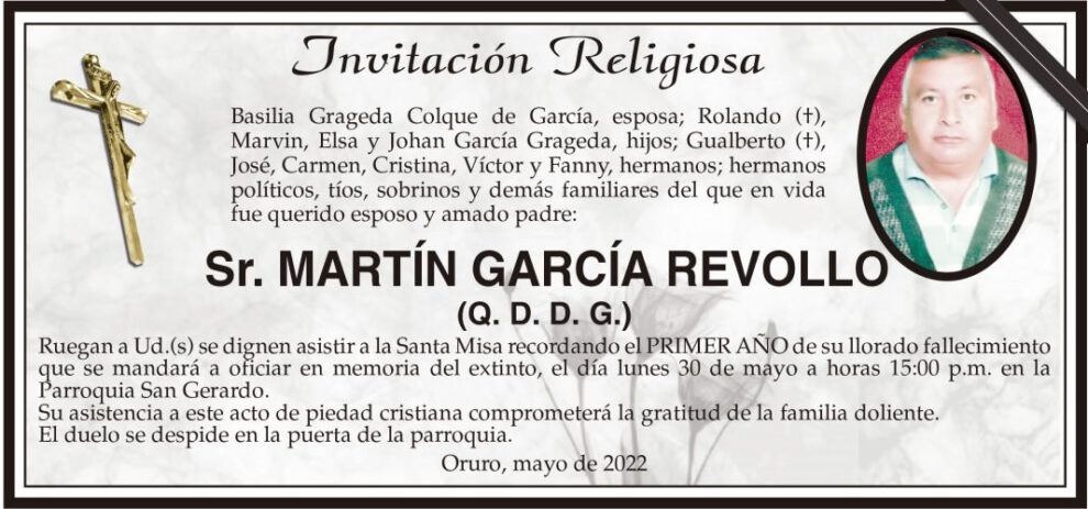 Invitación Religiosa en memoria de Martín García Revollo