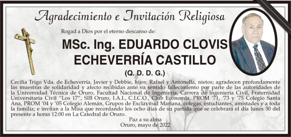 Agradecimiento e Invitación Religiosa por MSc. Ing. Eduardo Clovis Echeverría Castillo