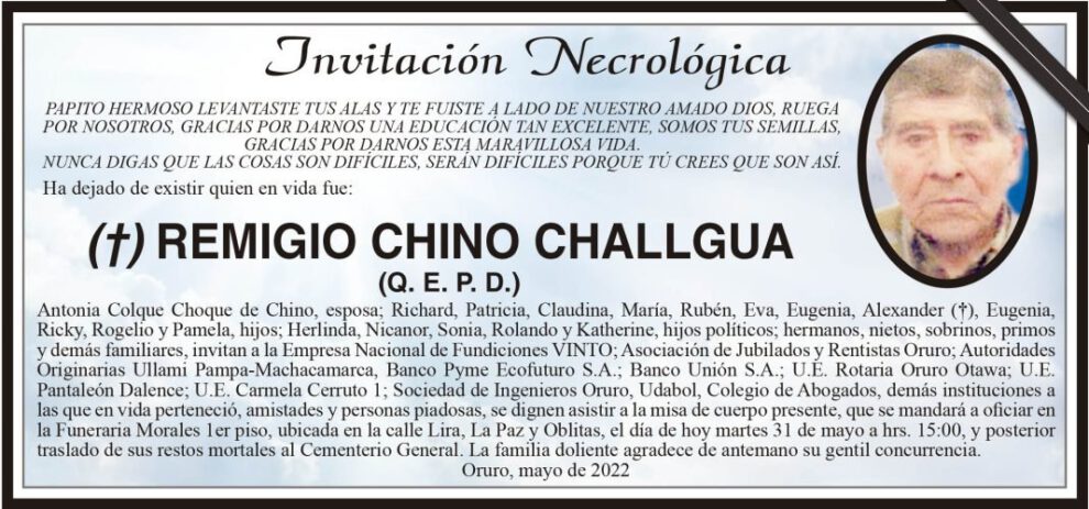 Invitación necrológica de Remigio Chino Challgua