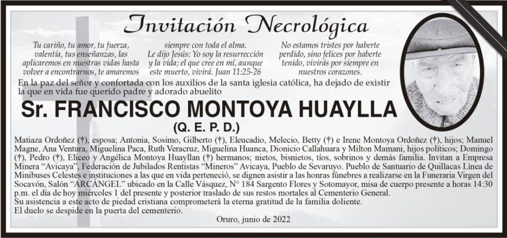 Invitación Necrológica de Francisco Montoya Huaylla