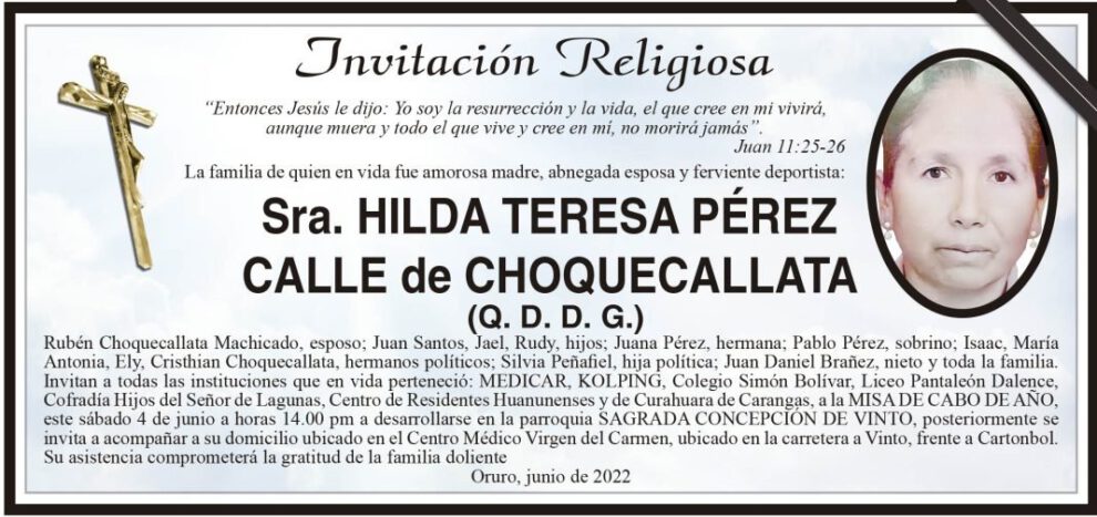 Invitación Religiosa para Hilda Teresa Pérez Calle