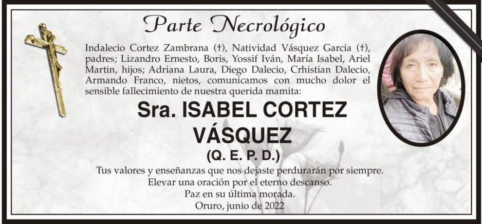 Parte Necrológico de Isabel Cortez Vásquez