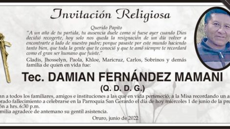 Invitación Religiosa en memoria de Tec. Damian Fernández Mamani
