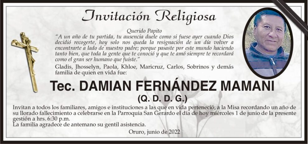 Invitación Religiosa en memoria de Tec. Damian Fernández Mamani