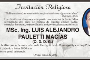 Invitación Religiosa a la Misa en memoria de Luis Alejandro Pauletti Macías