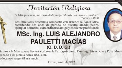 Invitación Religiosa a la Misa en memoria de Luis Alejandro Pauletti Macías