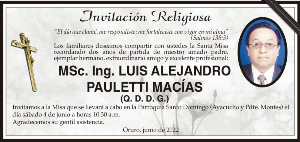 Invitación Religiosa a la Misa en memoria de Luis Alejandro Pauletti Macías