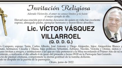 Lic. Víctor Vásquez Villarroel, invitación a misa recordatoria