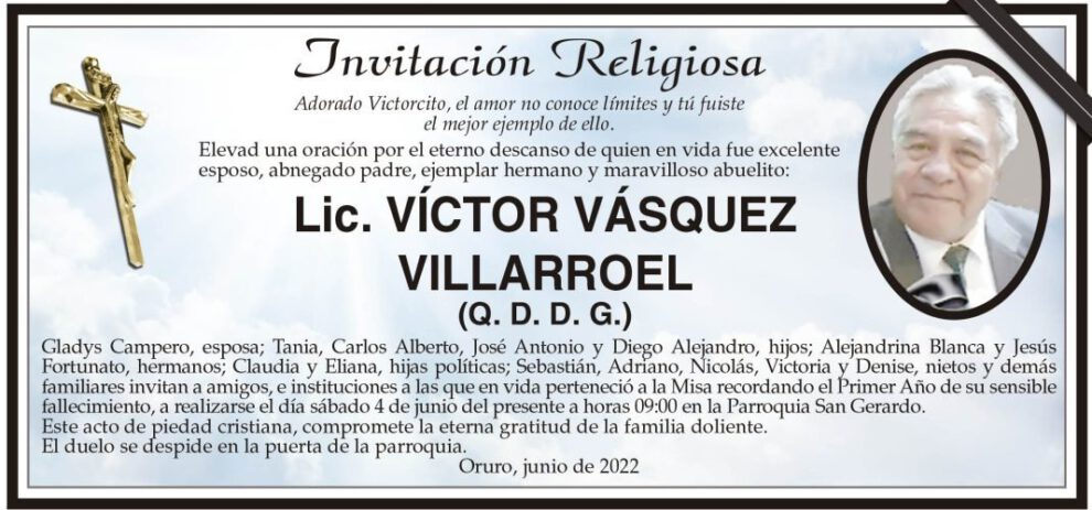 Lic. Víctor Vásquez Villarroel, invitación a misa recordatoria