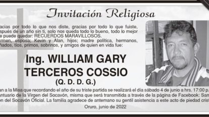 Ing. William Gary Terceros Cossio, misa en su memoria