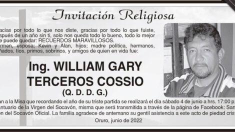 Ing. William Gary Terceros Cossio, misa en su memoria