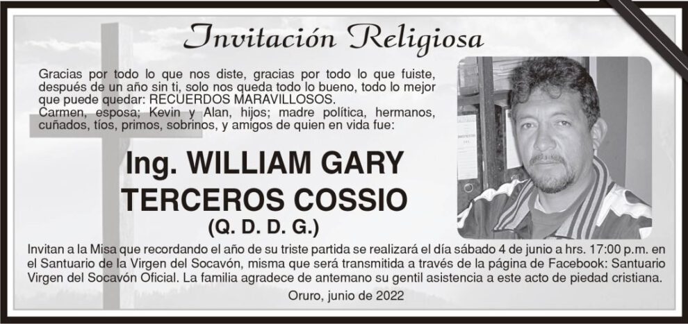 Ing. William Gary Terceros Cossio, misa en su memoria