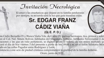 Invitación Necrológica para Edgar Franz Cádiz Viaña