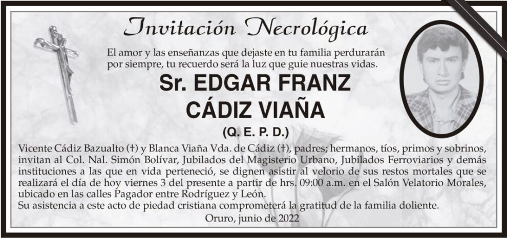 Invitación Necrológica para Edgar Franz Cádiz Viaña