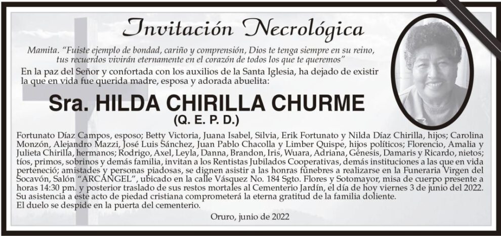 Invitación Necrológica de Hilda Chirilla Churme