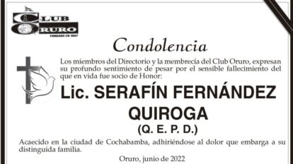Condolencia por el fallecimiento de Lic. Serafín Fernández Quiroga