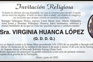 Invitación Religiosa en memoria de Virginia Huanca López