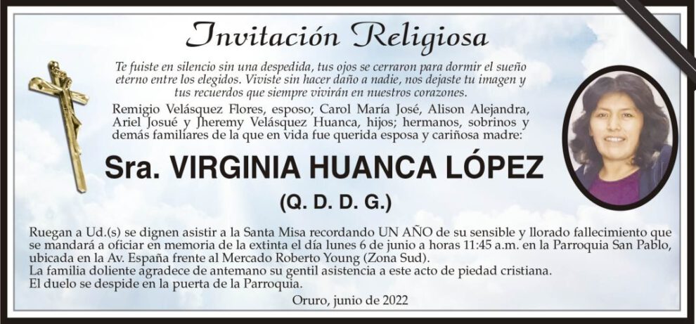 Invitación Religiosa en memoria de Virginia Huanca López