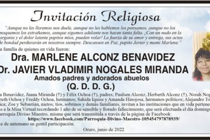 Misa Virtual en memoria de Dra. Marlene Alconz y Dr. Javier Nogales