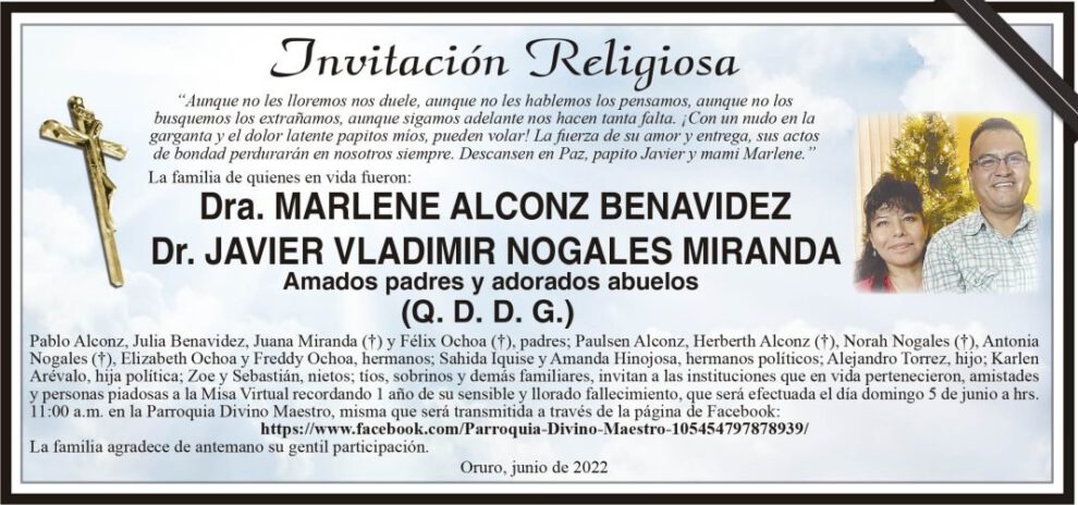 Misa Virtual en memoria de Dra. Marlene Alconz y Dr. Javier Nogales