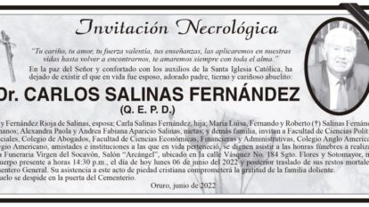 Invitación Necrológica: Dr. Carlos Salinas Fernández (Q. E. P. D.)
