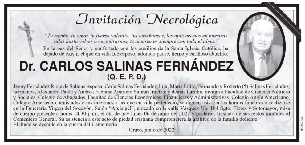 Invitación Necrológica: Dr. Carlos Salinas Fernández (Q. E. P. D.)