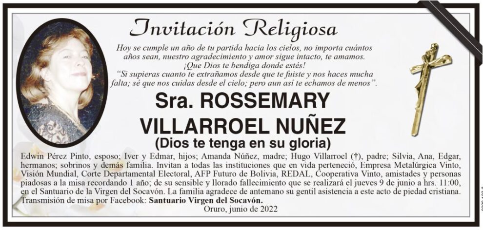 Invitación Religiosa en memoria de Rossemary Villarroel Nuñez