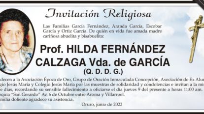 Invitación Religiosa: Prof. Hilda Fernández Calzaga Vda. de García