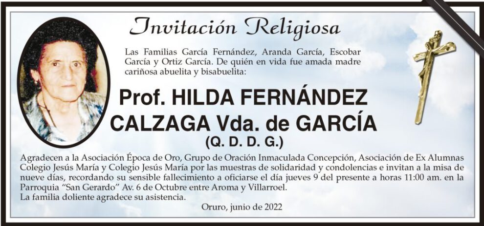 Invitación Religiosa: Prof. Hilda Fernández Calzaga Vda. de García