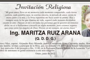 Ing. Maritza Ruiz Arana, invitación religiosa en su memoria