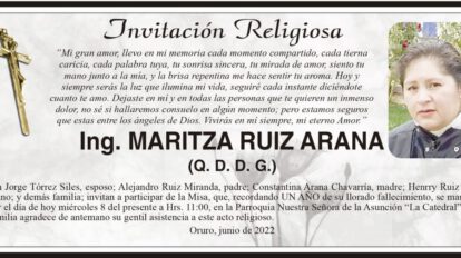 Ing. Maritza Ruiz Arana, invitación religiosa en su memoria