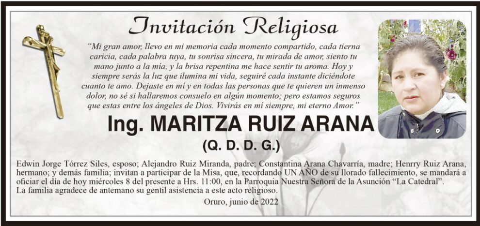 Ing. Maritza Ruiz Arana, invitación religiosa en su memoria