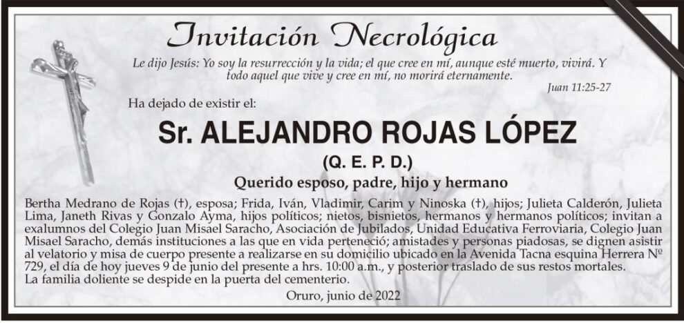 Invitación Necrológica: Sr. Alejandro Rojas López (Q. E. P. D.)