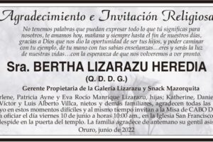 Agradecimiento e Invitación Religiosa: Bertha Lizarazu Heredia