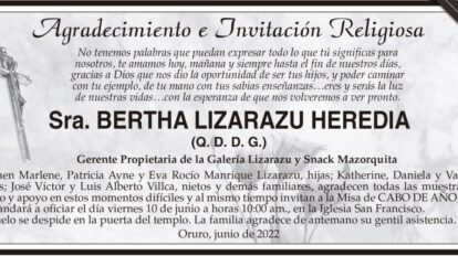 Agradecimiento e Invitación Religiosa: Bertha Lizarazu Heredia