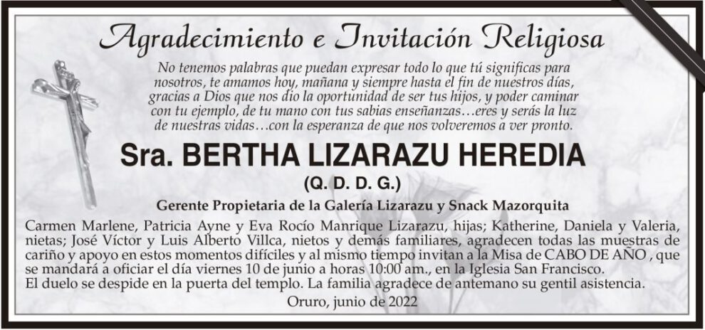 Agradecimiento e Invitación Religiosa: Bertha Lizarazu Heredia