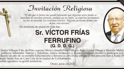 Invitación Religiosa en memoria de Víctor Frías Ferrufino