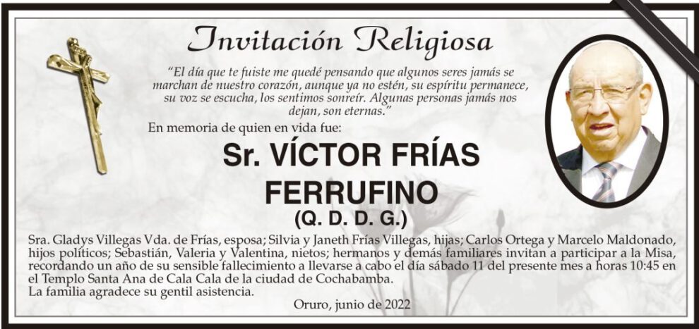 Invitación Religiosa en memoria de Víctor Frías Ferrufino