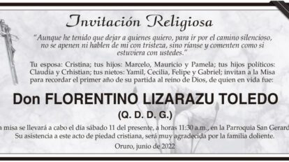 Invitación Religiosa para Don Florentino Lizarazu Toledo