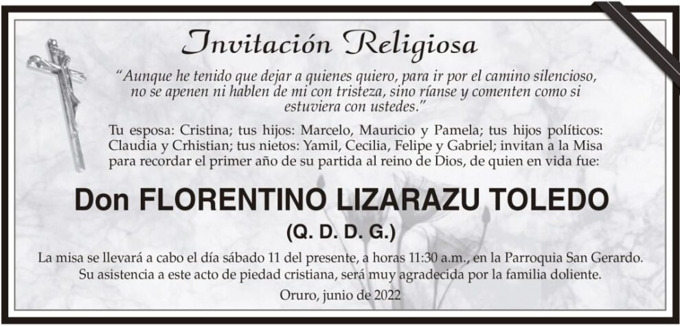 Invitación Religiosa para Don Florentino Lizarazu Toledo