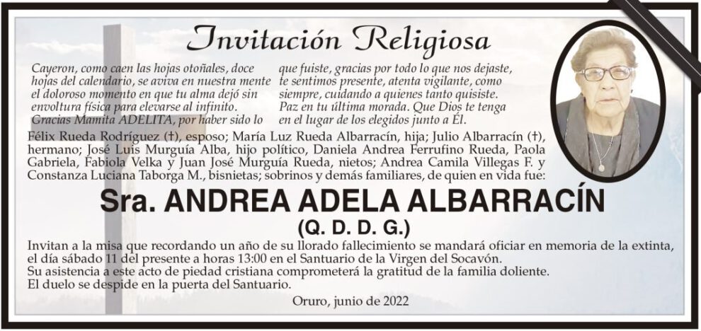 Invitación Religiosa en memoria de Andrea Adela Albarracín