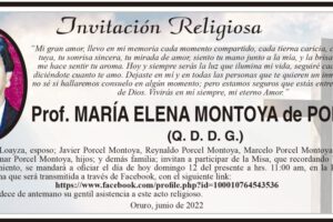 Invitación Religiosa para Prof. María Elena Montoya de Porcel