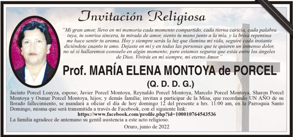 Invitación Religiosa para Prof. María Elena Montoya de Porcel