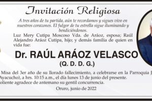 Invitación Religiosa en memoria del Dr. Raúl Aráoz Velasco