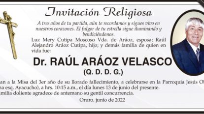 Invitación Religiosa en memoria del Dr. Raúl Aráoz Velasco