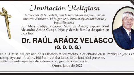 Invitación Religiosa en memoria del Dr. Raúl Aráoz Velasco