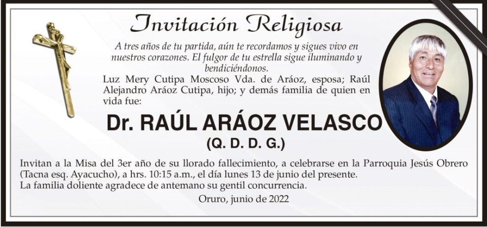 Invitación Religiosa en memoria del Dr. Raúl Aráoz Velasco