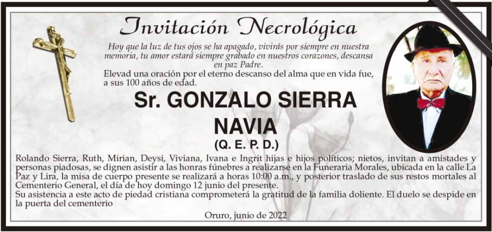 Invitación Necrológica para Gonzalo Sierra Navia